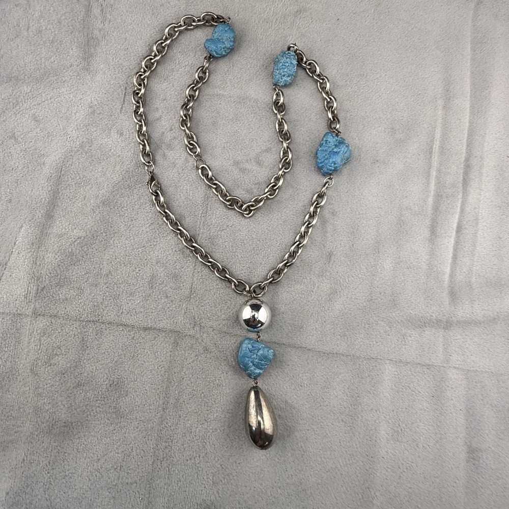 Estate Necklace Blue Nugget Silver Tone Pendant Long Chain 28"